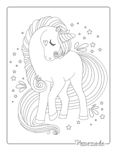 Flowing Hair Stars Heart Unicorn Kids Coloring Pages Pdf, Free Vectors File